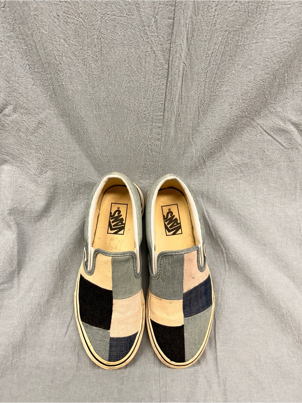 Vans Patchwork Slip-On Sneakers in Beige, Black & Blue - Picture 2 of 7